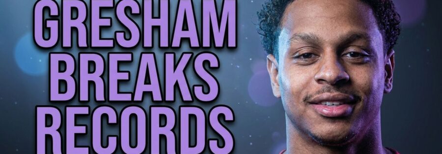 Graphic of Grenadian swimmer Zackary Gresham with the headline Gresham Breaks Records.